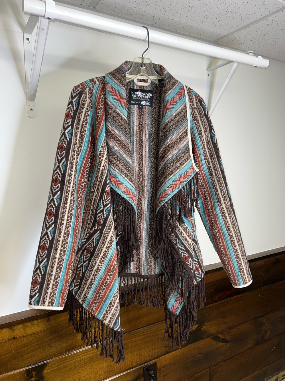 Panhandle Western Powder River Outfitters Aztec and Leopard Fringe Wool Jacket-M